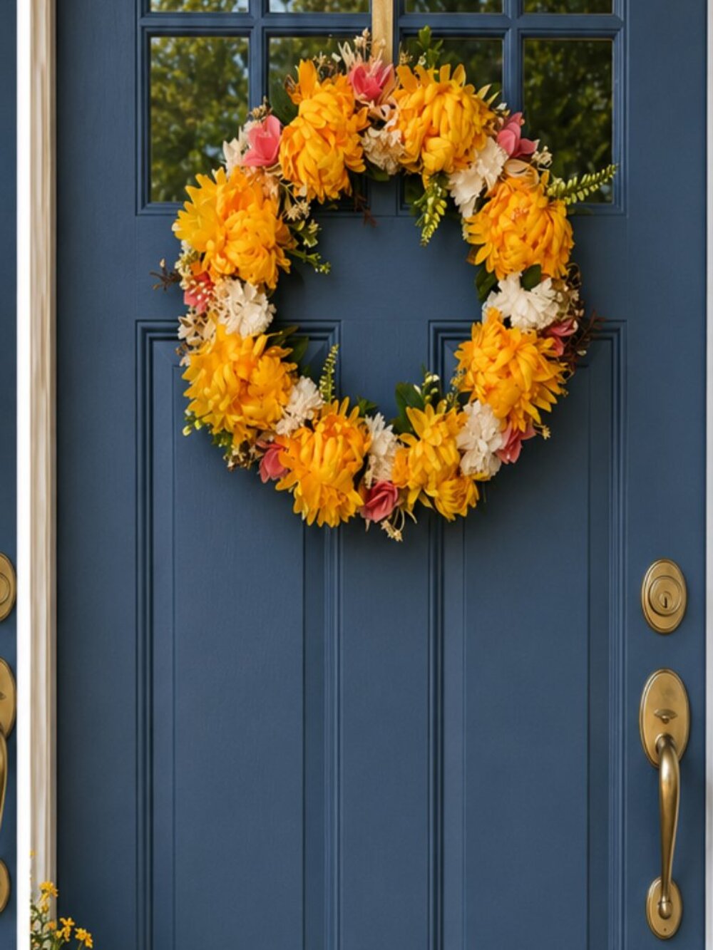 Spring Wreath for Front Door Yellow Mums, White Carnation, Large Handmade 20x20”